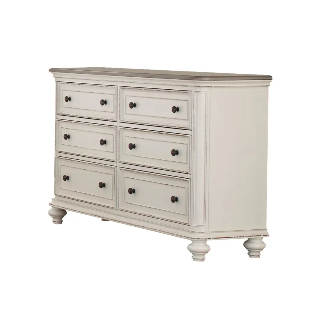 6 Drawer Wooden Dresser Distressed Finish Antique White And Brown royal hampton