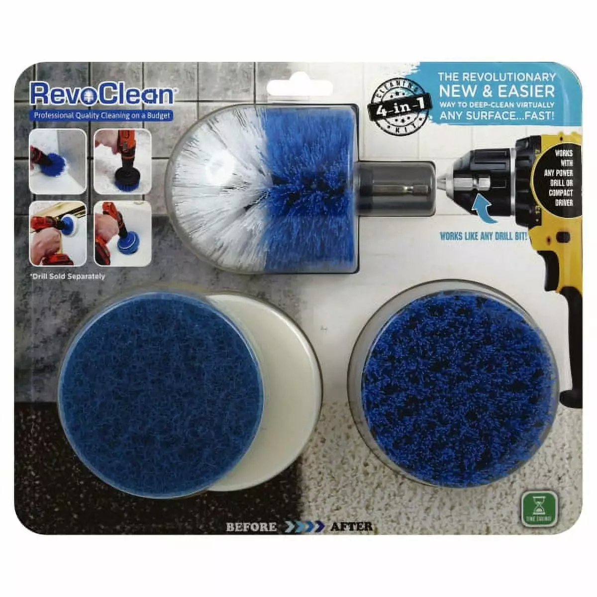 RevoClean 4-Piece Scrub Brush Power Drill Attachments Grout Tile Counter Shower Grill