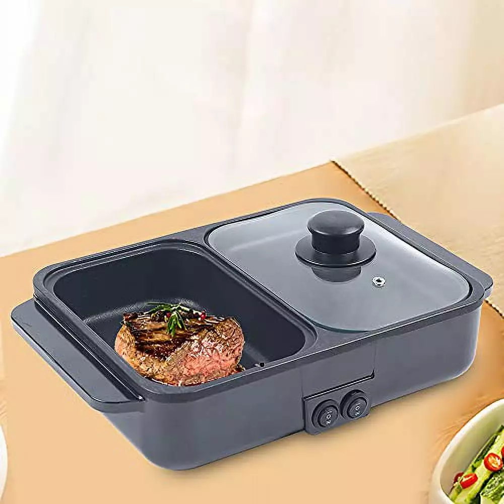 Travel-friendly Electric Grill - 2--1 Indoor Hot Pot and Barbecue Grill Temperature Control