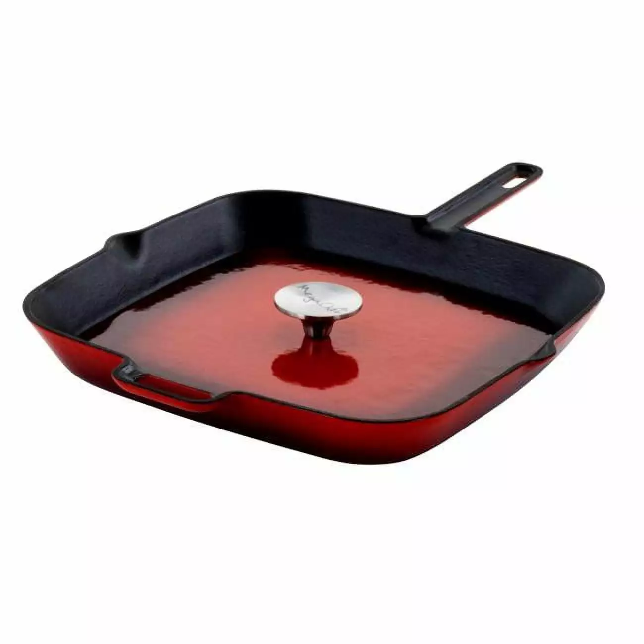 Megachef 14 Inch Square Enamel Cast Iron Grill Pan Matching Grill Press Red