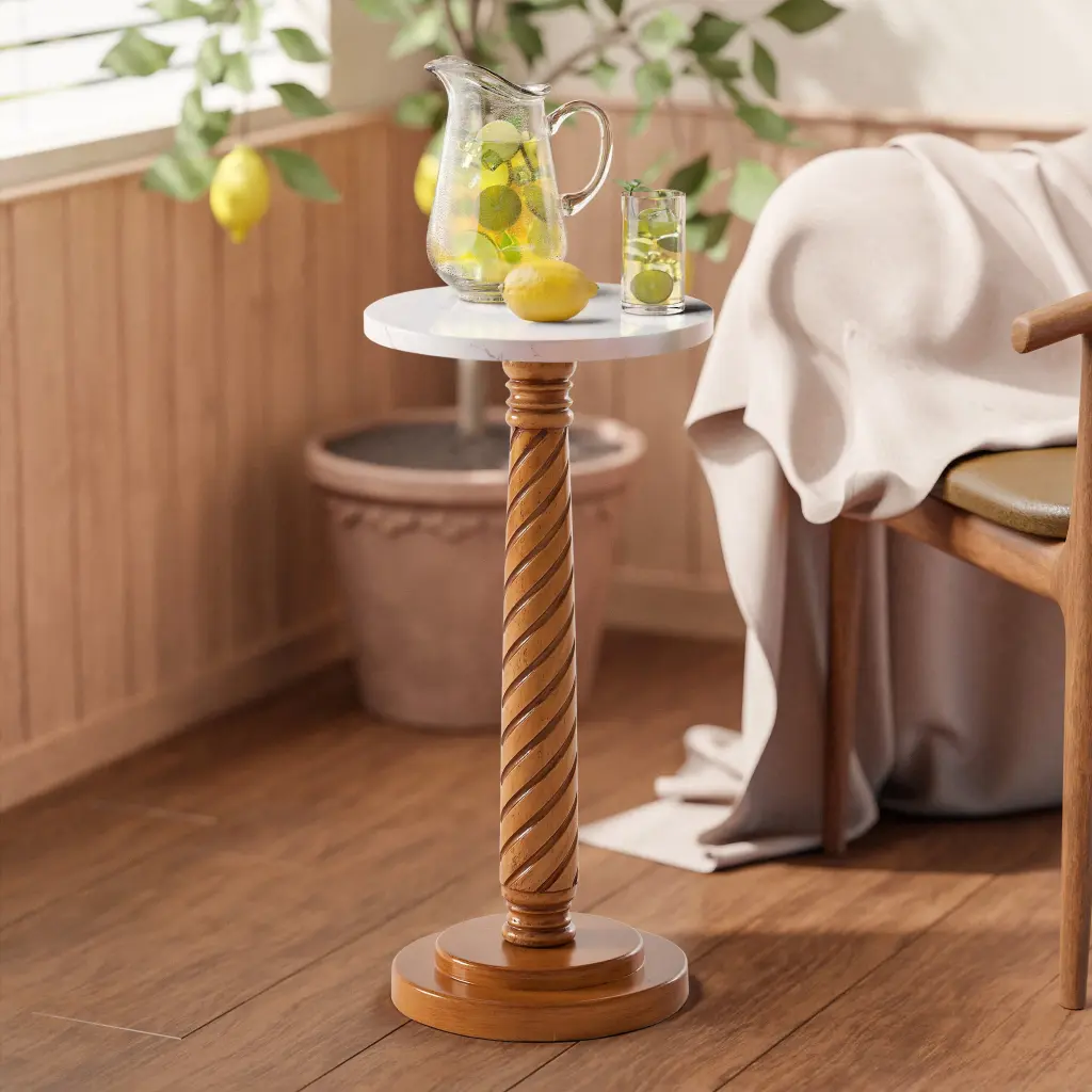 COZAYH Pedestal Farmhouse Tray Top End Table Distressed Finish and White Tabletop