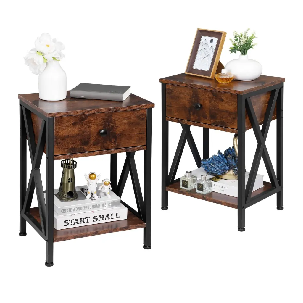 ZENY 2PCS X-Design End Table Metal Frame Storage Organizer Brown