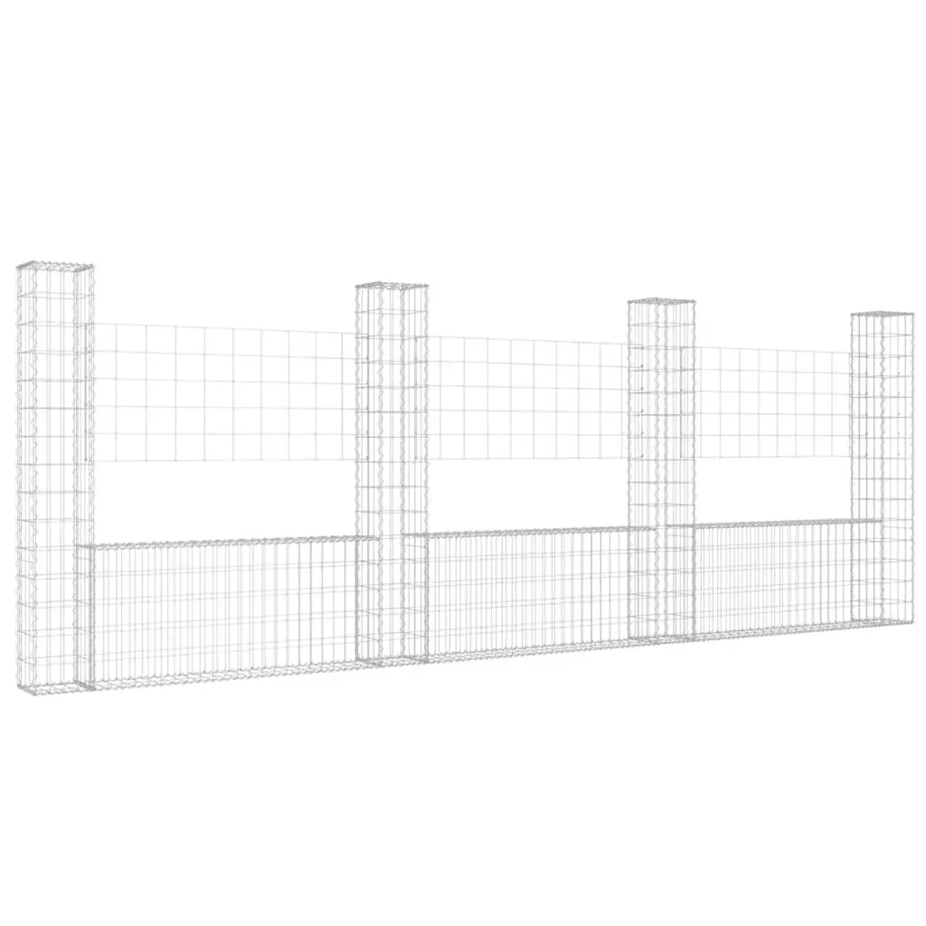 U-shape Gabion Bin 4 Posts Iron Fence 149.6x7.9x59.1 Inches Galvanized Steel Garden Border