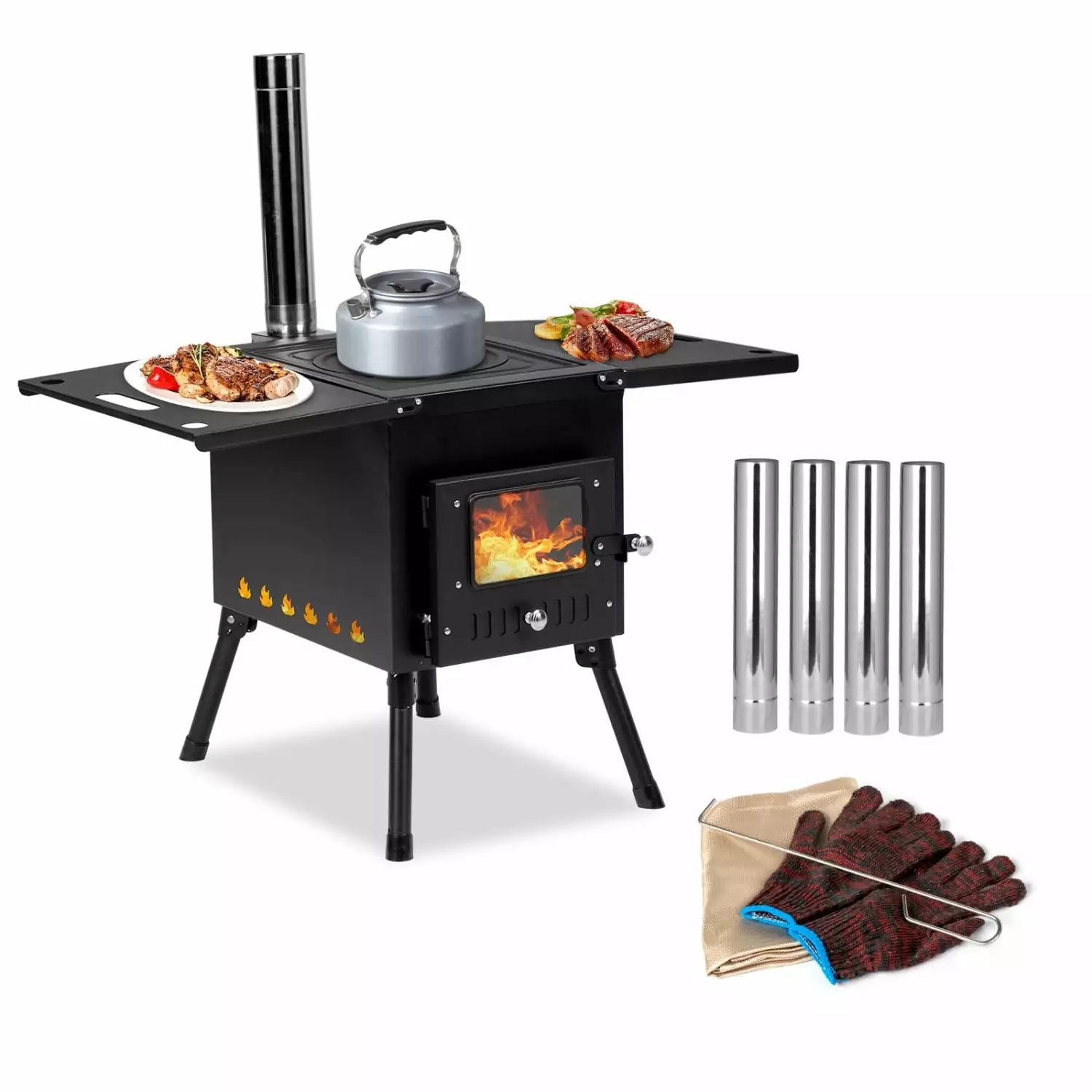 30.51x16.14x19.29 Black Camping Fireplace Iron Top Chimney Foldable Panels Outdoor Use