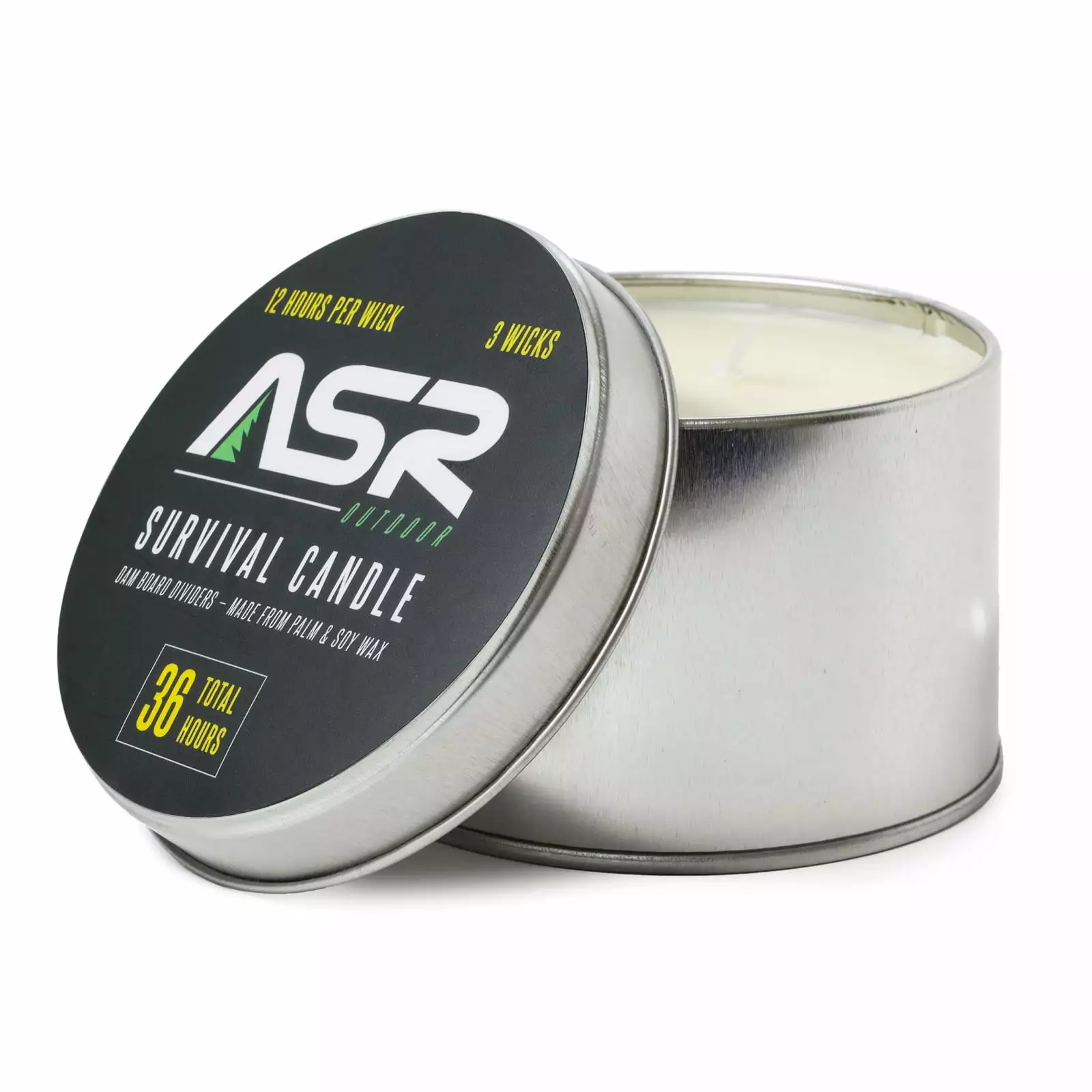 ASR Outdoor 36 Hour Survival Emergency Light Wax Candle Fire Starter Tin Box 3 Wicks Wick
