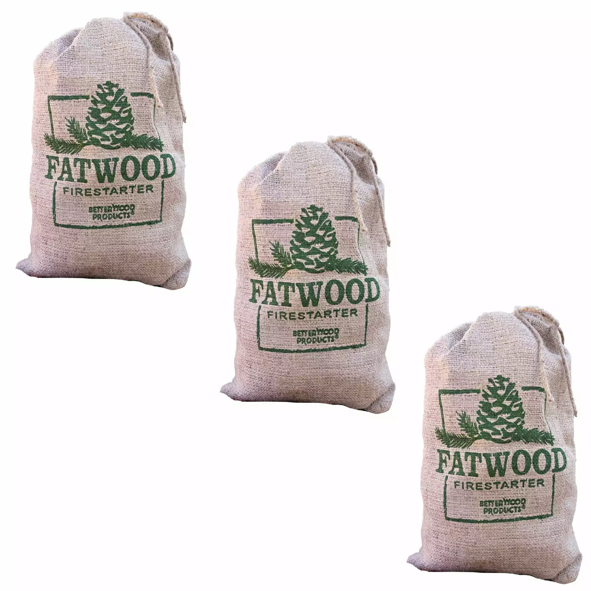 Betterwood Products Fatwood Firestarter 10 Pound Burlap Bag 3 Pack Camping and Outdoor Fire Starting Bag