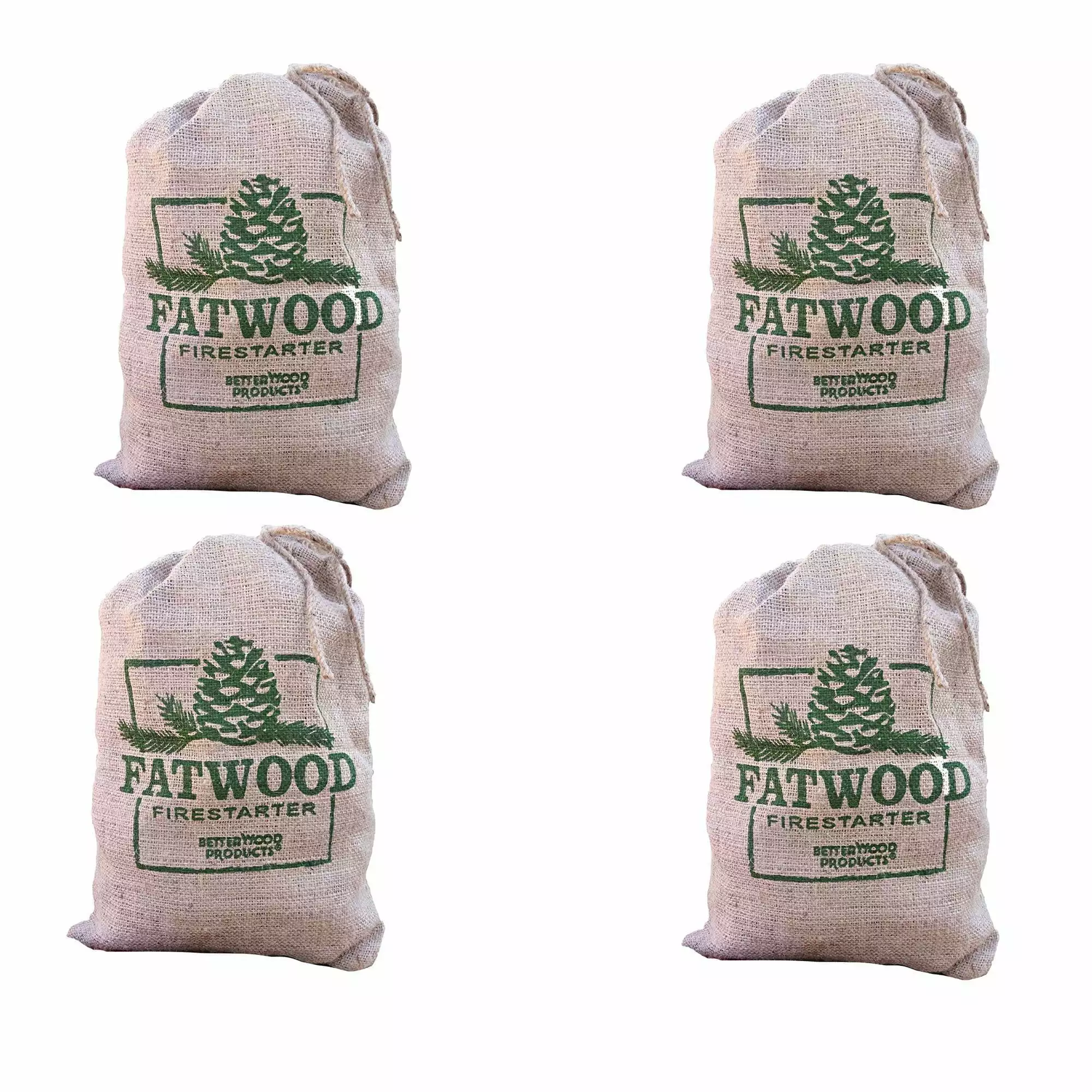 Betterwood Products Fatwood Firestarter 10 Pound Burlap Bag - 4 Pack - Premium Kindling Campfires and Grills Lbs