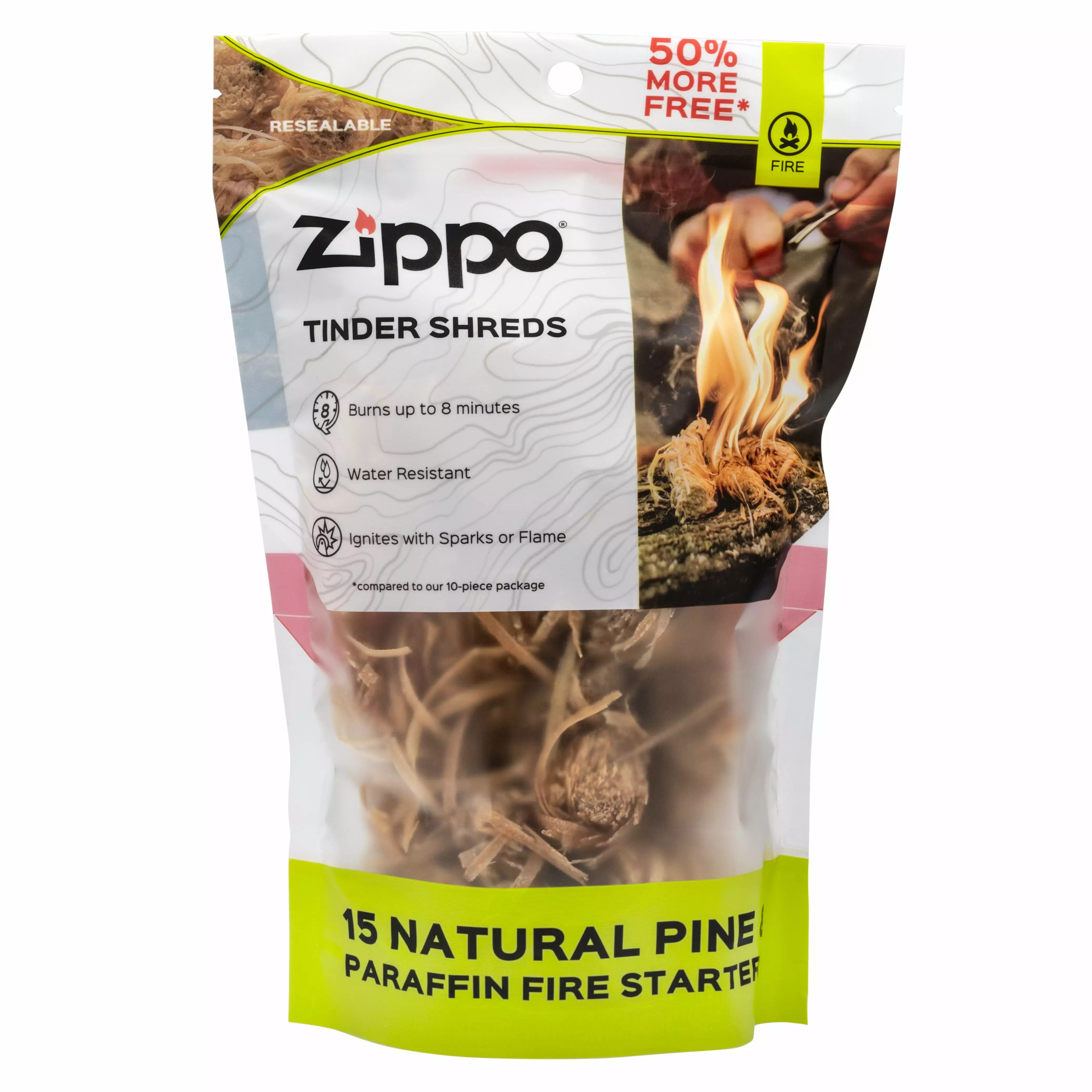 Zippo Tinder Shreds Natural Pine & Paraffin Fire Starters Resealable Camping