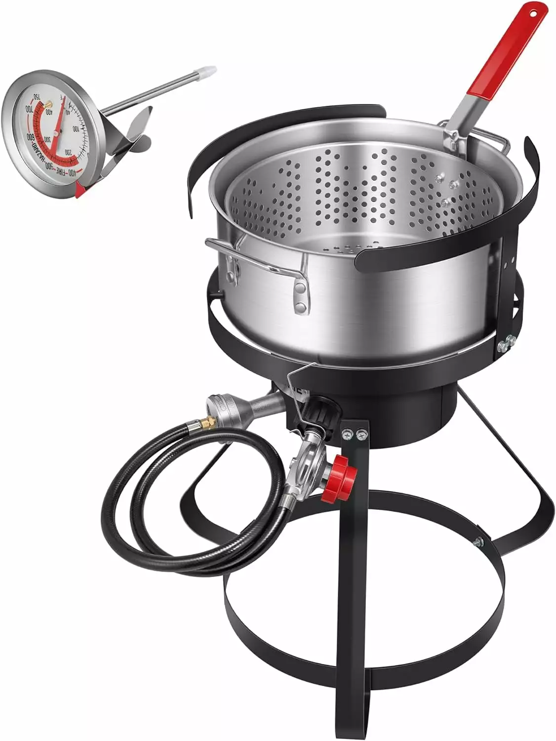 SPECSTAR 10Qt Aluminum Fish Fryer Pot 6.7Qt Strainer Basket, 4 Inch Thermometer, and 54,000 BTU Propane Burner Outdoor Coo...