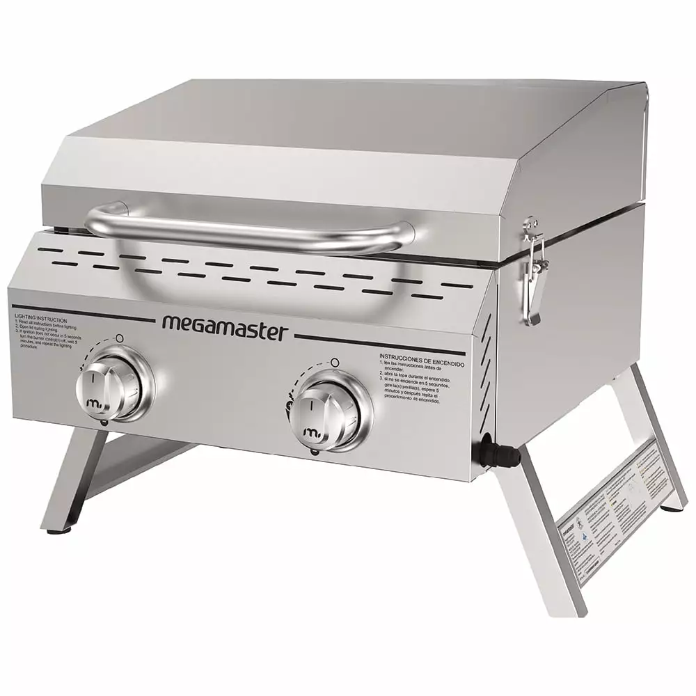 Megamaster Stainless Steel 2-Burner Flat Top Propane Gas Grill Camping and Barbecues 16