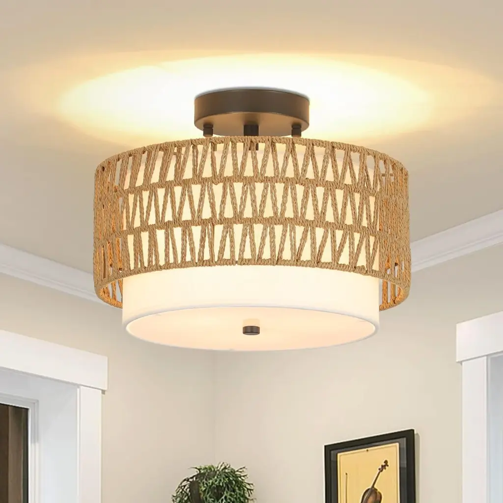 3 Light Semi Flush Mount Ceiling Light Fixture Boho Rattan Lighting dfzj lighting
