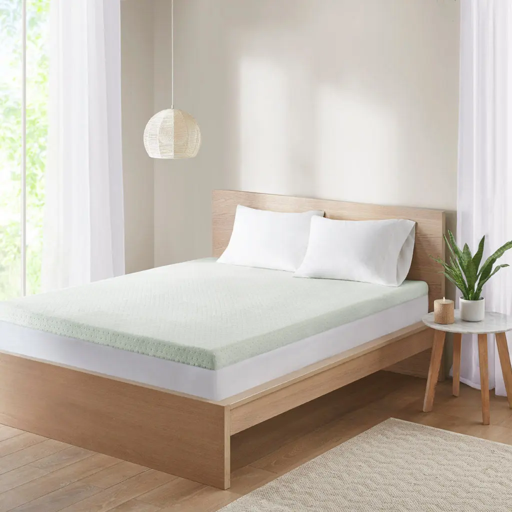 3 Inch Green Tea Foam Topper Cooling Removable Cover Green Polyester Mattress Pad jla