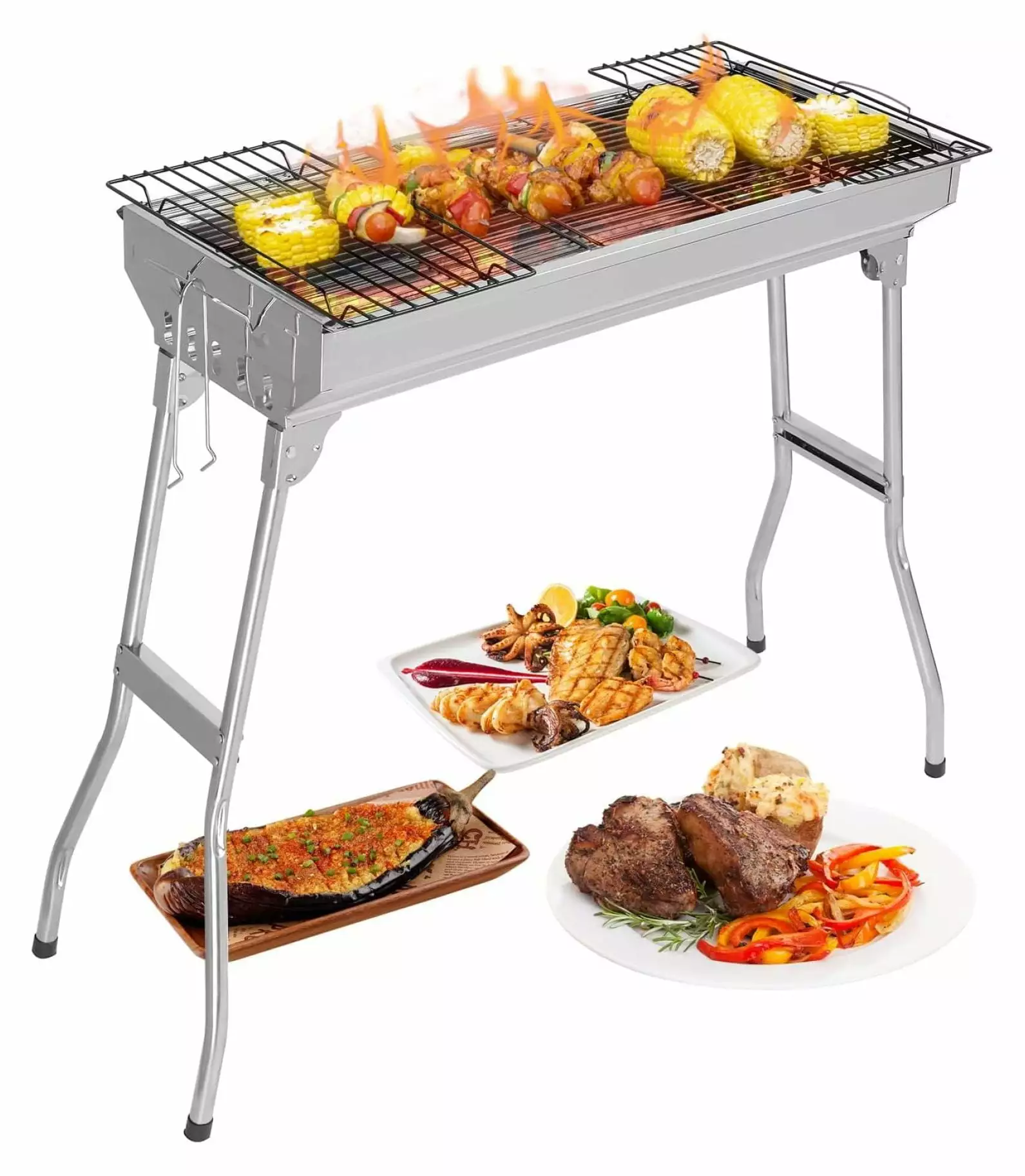MiaHltTia Travel-Friendly Charcoal Grill 28x13x27 Foldable Stainless Steel BBQ Grill Outdoor Cooking Camping Picnic 27