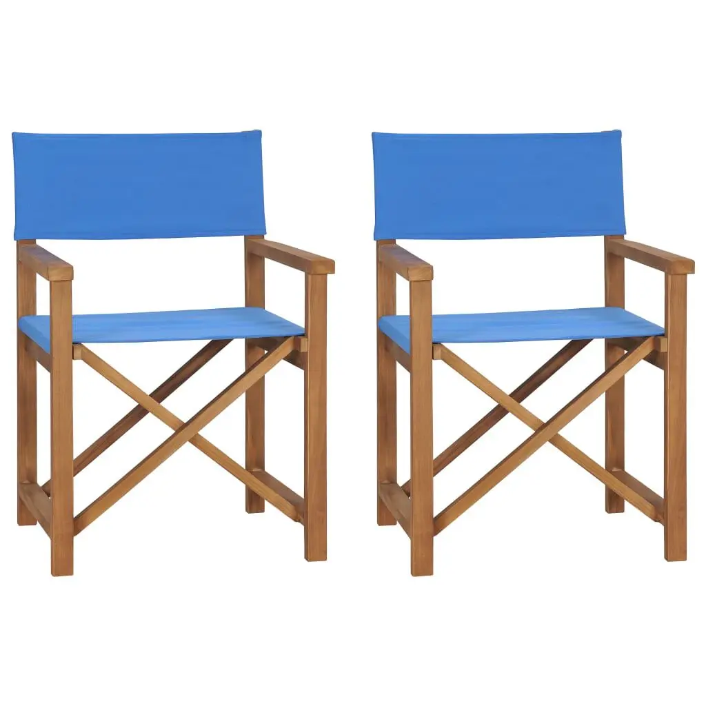 Director's Chairs 2 Pack Solid Teak Wood Blue Portable Folding Chairs