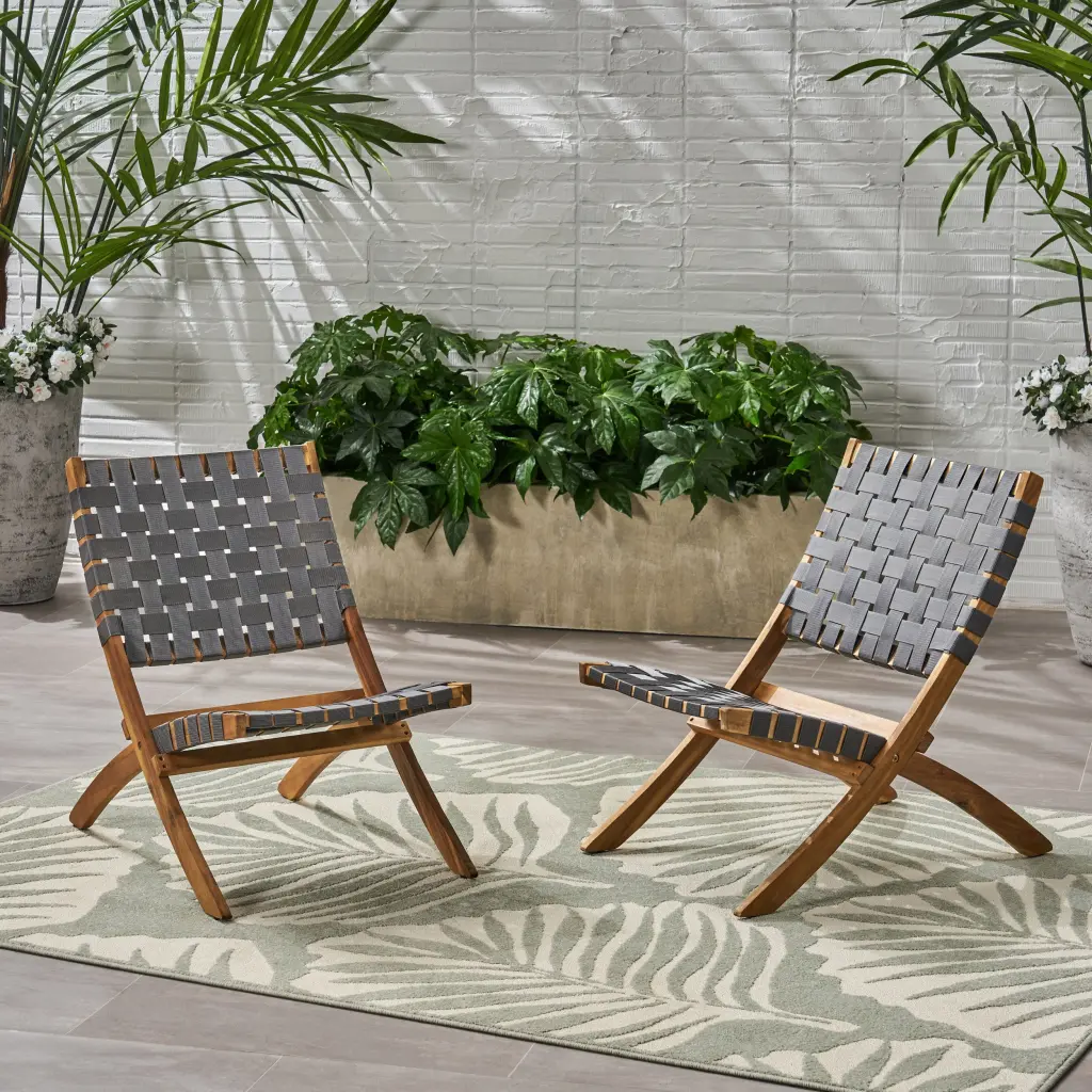 Huntsville Collapsible Chair Set 2 Black Brown Acacia Wood nh-sunfay