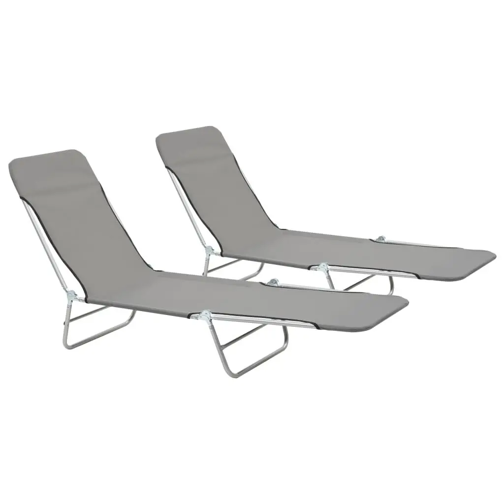 Folding Sun Loungers 2 Pack Steel Frame Gray Fabric Portable Beach Chairs