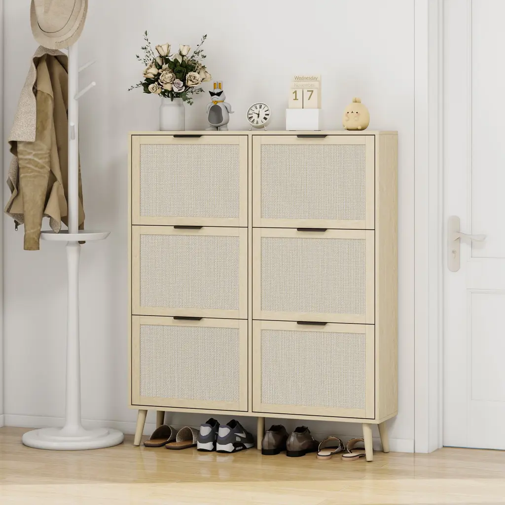 Rattan 6 Door Shoe Rack Freestanding Modern Shoe Storage Cabinet Entryway rnb