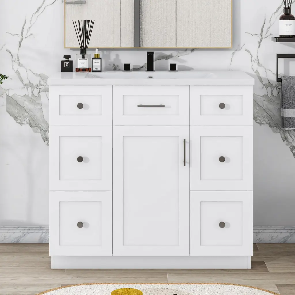 Modern White 36 Inch Freestanding Bathroom Vanity Cabinet Resin Top rnb