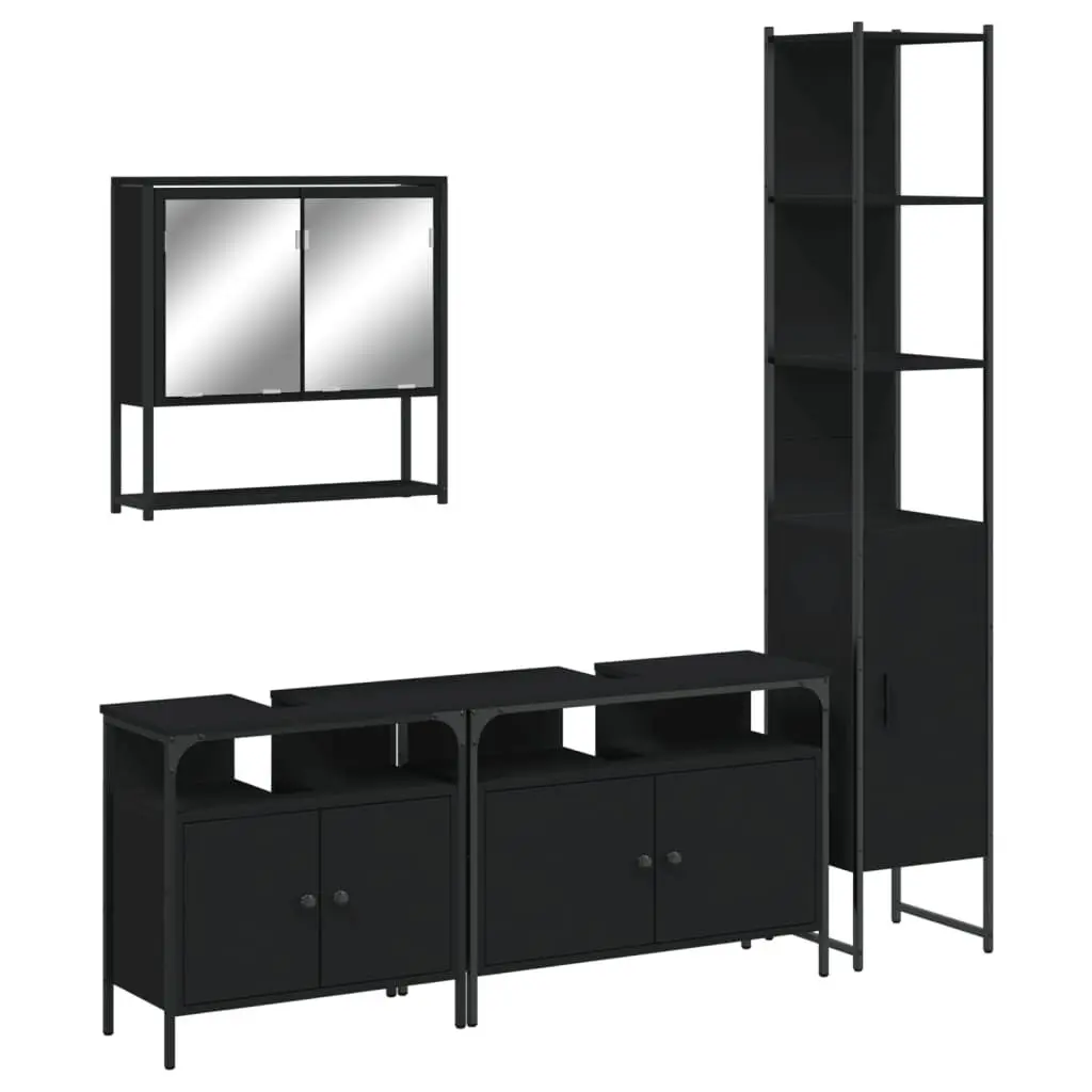 4 Piece Black Engineered Wood Bathroom Furniture Set Storage