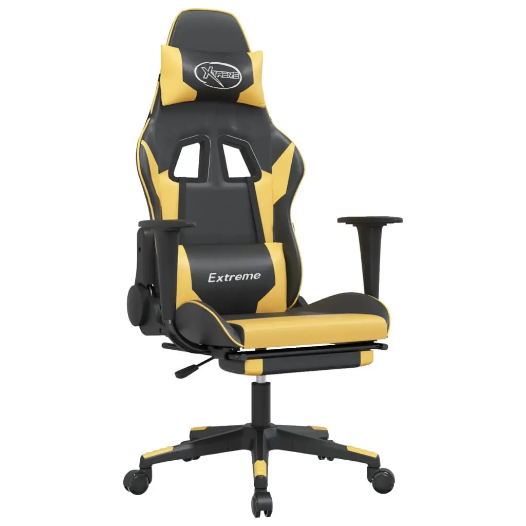 Black and Gold Faux Leather Massage Gaming Chair Footrest
