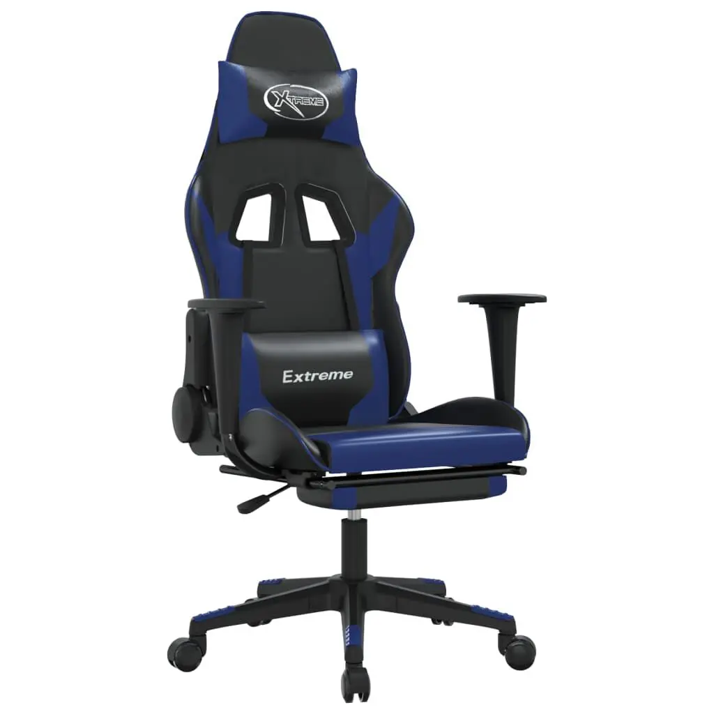 Gaming Chair Footrest Black and Blue Faux Leather Ergonomic Office Chair