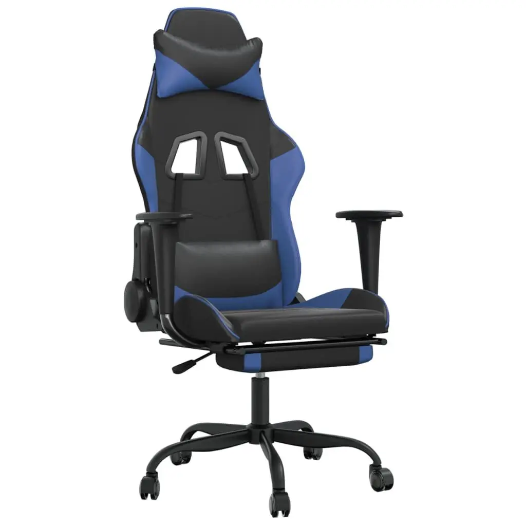 Gaming Chair Footrest Black and Blue Faux Leather Computer Desk Chair