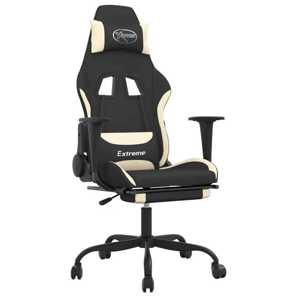 Gaming Chair Footrest Black and Cream Fabric Comfortable Office Chair