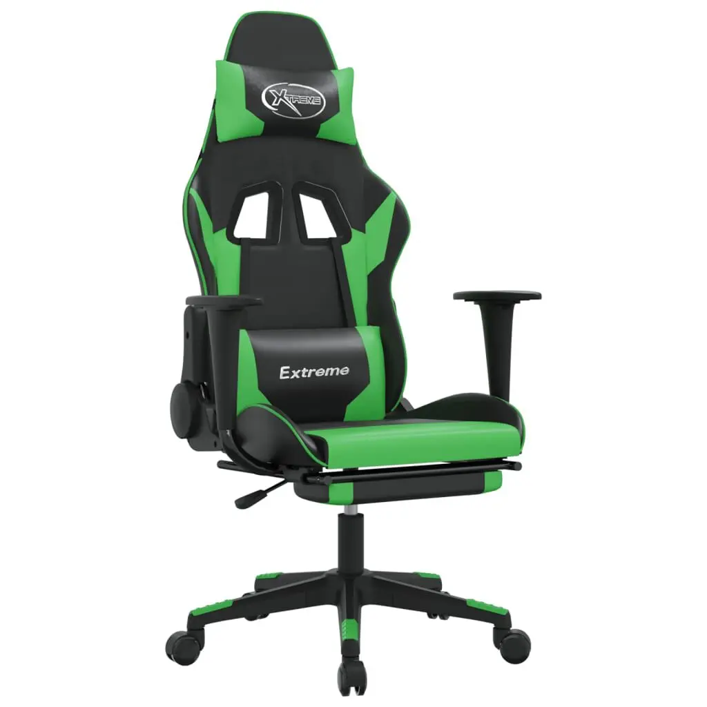 Gaming Chair Footrest Black and Green Faux Leather Computer Chair