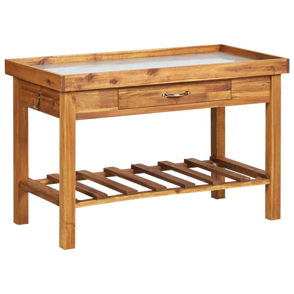 Garden Work Bench Zinc Top Solid Acacia Wood Outdoor Workstation