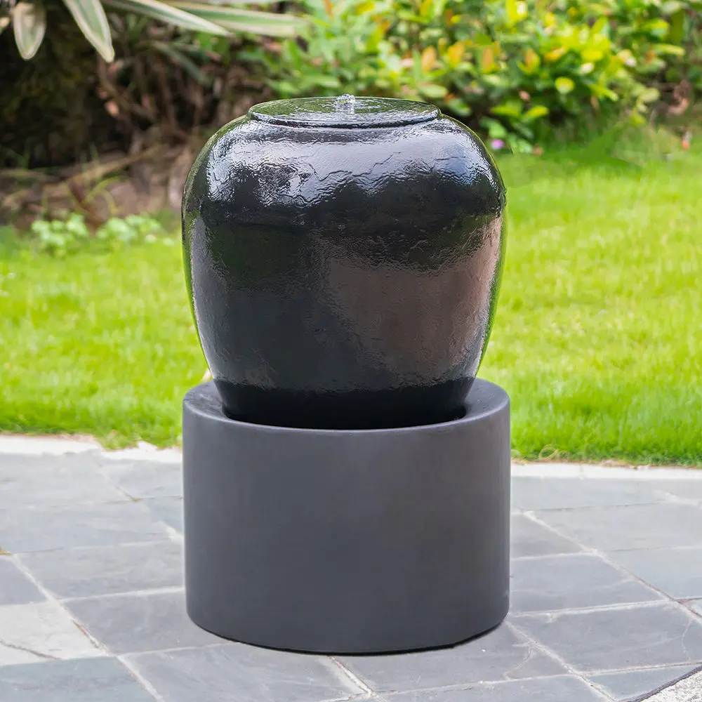 19.5x19.5x32.5 Inch Heavy Outdoor Cement Fountain Black Unique Urn Design evergreen decor