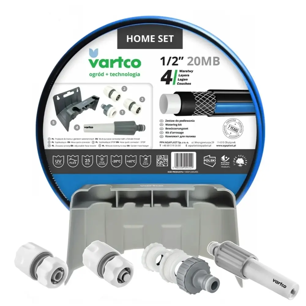Vartco garden set, 1/2'' 20m hose, stop and go speedy coupler, tap connection, sprinkler, wall bracket, Home Set