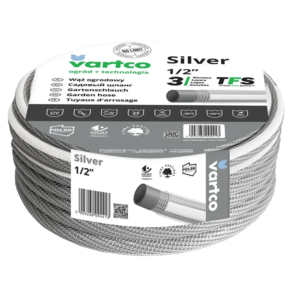Vartco Silver 1/2" 3-Layer Garden Pipe Hose 20m Chrome Kink Torsion Free Flexible Durable TFS Braided Polyester Thread Thick