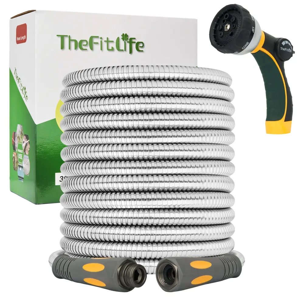 TheFitLife Flexible Metal Garden Hose - 100FT Lightweight Stainless Steel Water Hose Solid Fittings and Sprayer Nozzle - L...