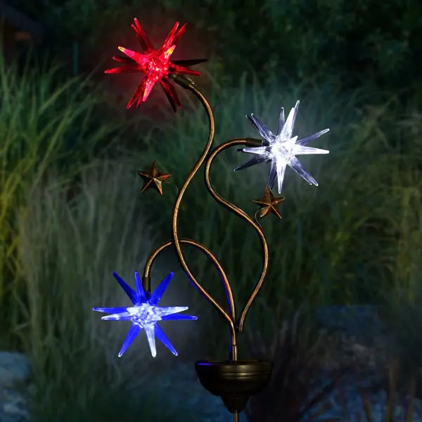 Four Seasons Courtyard 91287 Solar Patriotic Triple Starburst Garden Stake 33 Inch