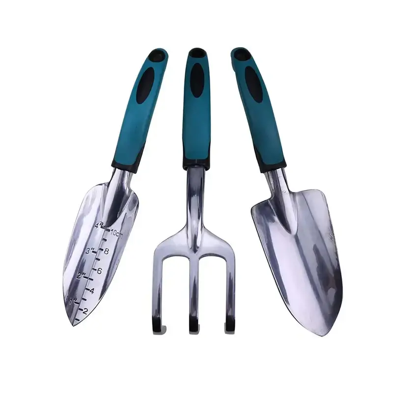 Green 3 Pcs Aluminum Gardening Tool Set TPR Rubberized Non-Slip Handles Gardening Weeding and Planting