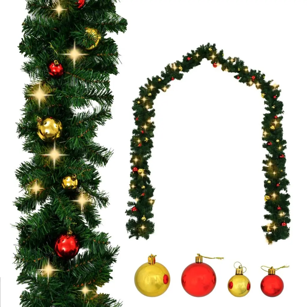 Christmas Garland Baubles and LED Lights Green 66 ft PVC Holiday Decor