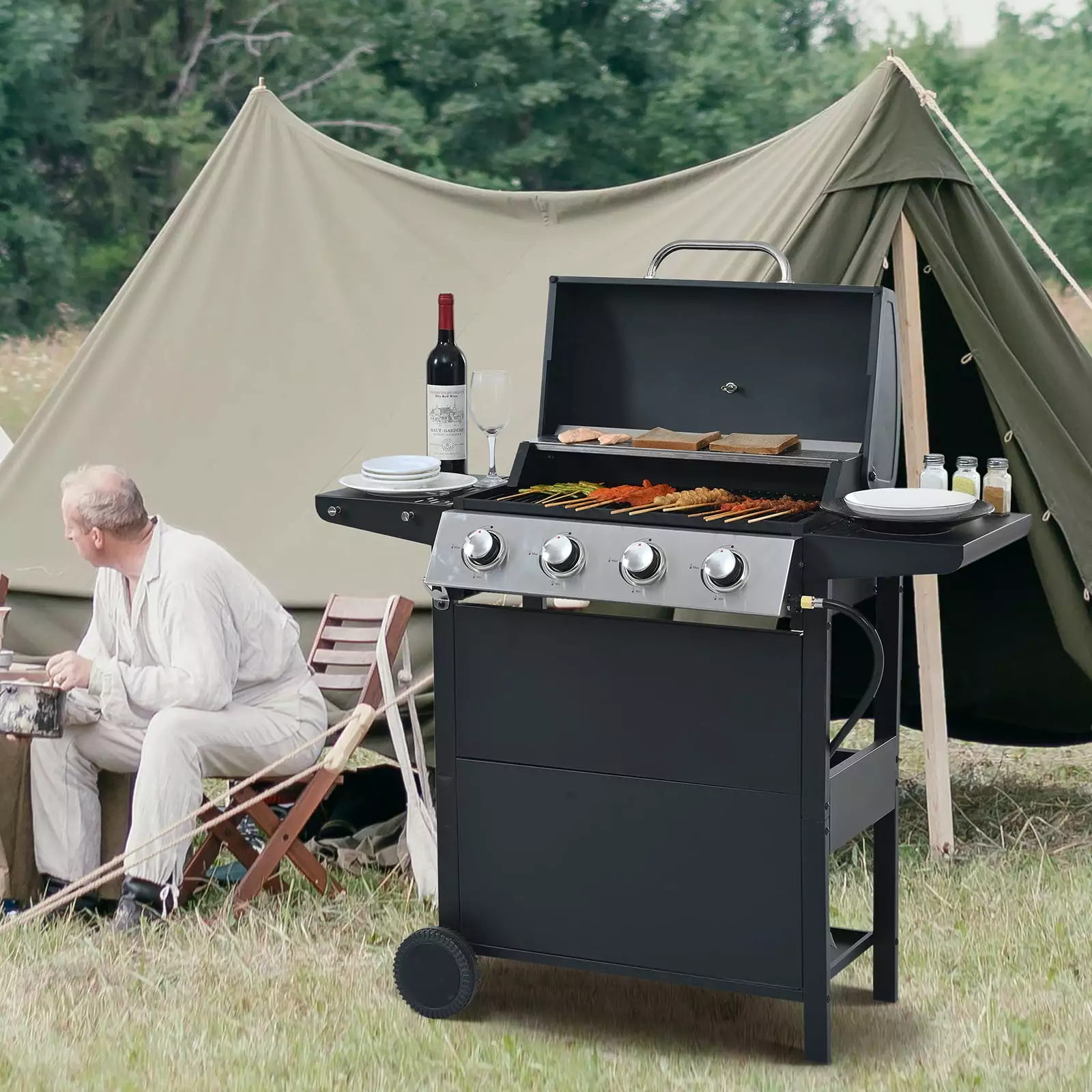 4-Burner Propane Gas Grill 2 Foldable Shelves Side Burner Freestanding Grill Cart Wheels Outdoor BBQ Grill