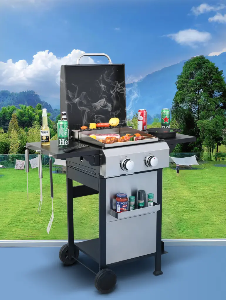 2 Burner Propane Gas BBQ Grill SS Plancha 24600BTU Output and Wire Shelves rnb