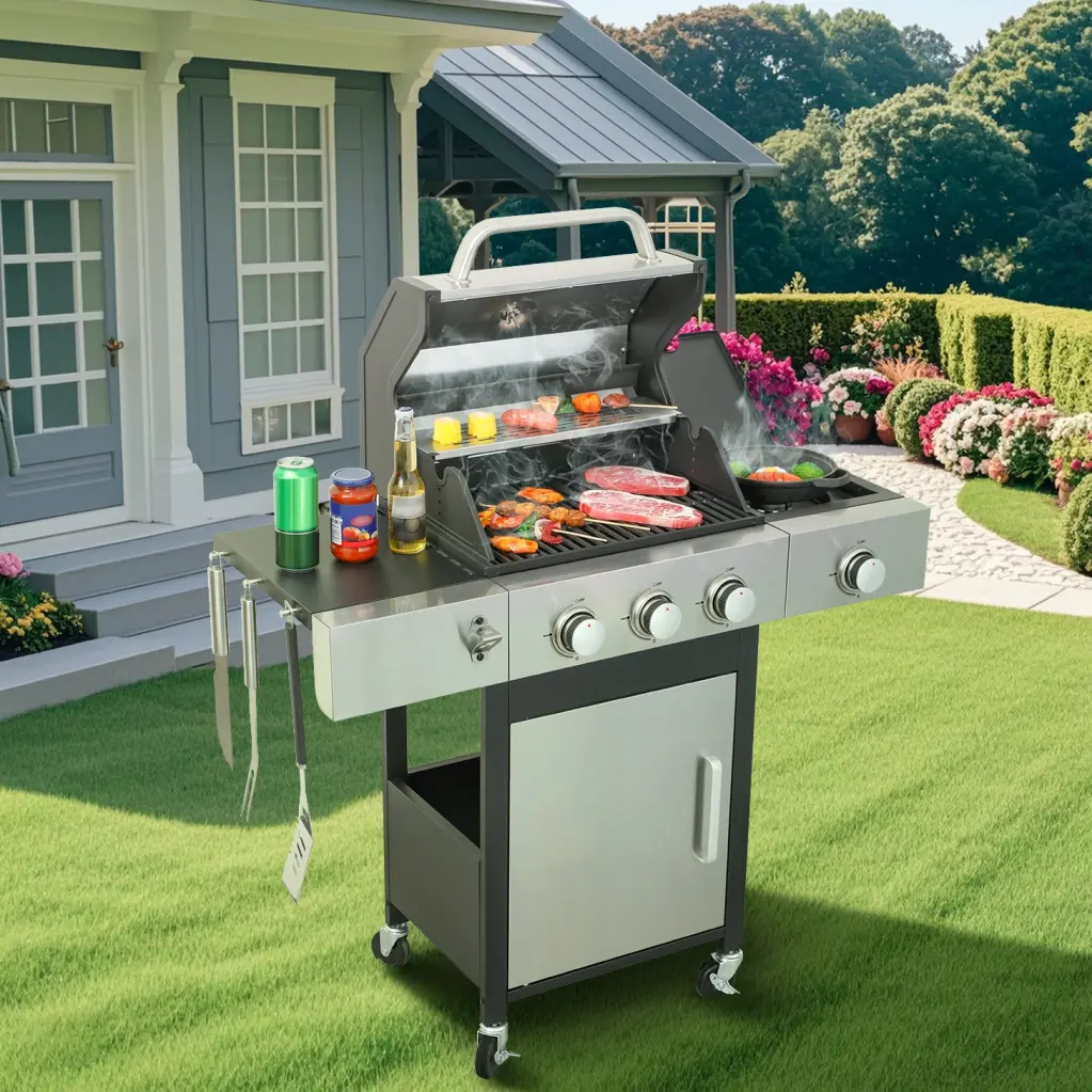 3 Burner Propane Gas BBQ Grill Side Burner 37230 BTU Output rnb
