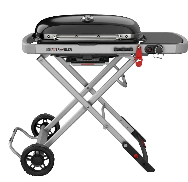 Weber Traveler 9010001 Travel-friendly Gas Grill, 13,000 Btu/hr, Liquid Propane, 1-Burner, Side Shelf Included: Yes