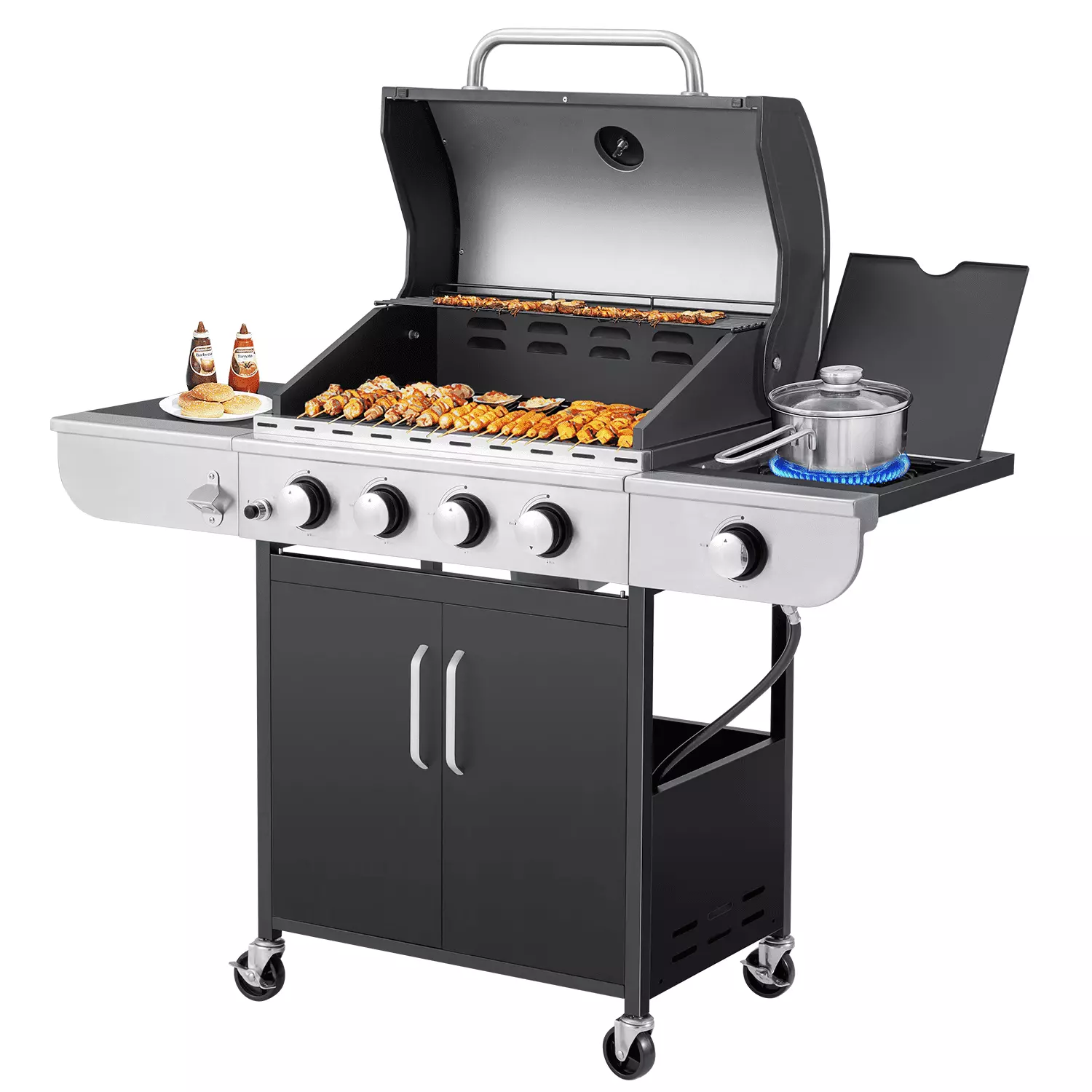 Yoleny 4 Burner BBQ Propane Gas Grill 2400036000 BTU Stainless Steel Stove and Side Table 3