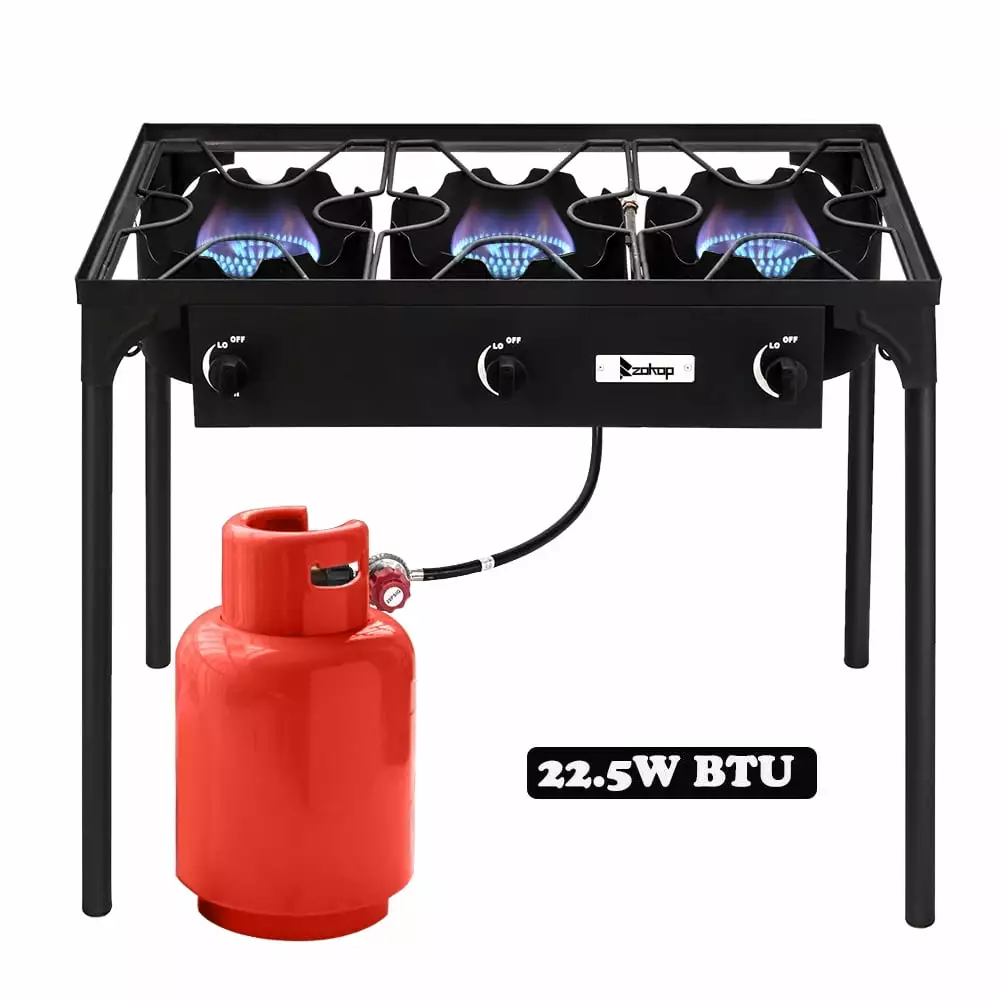 3 Burner Outdoor Gas Stove 225000 BTU Travel-friendly Propane Cooktop Removable Legs Cast Iron Camping Patio