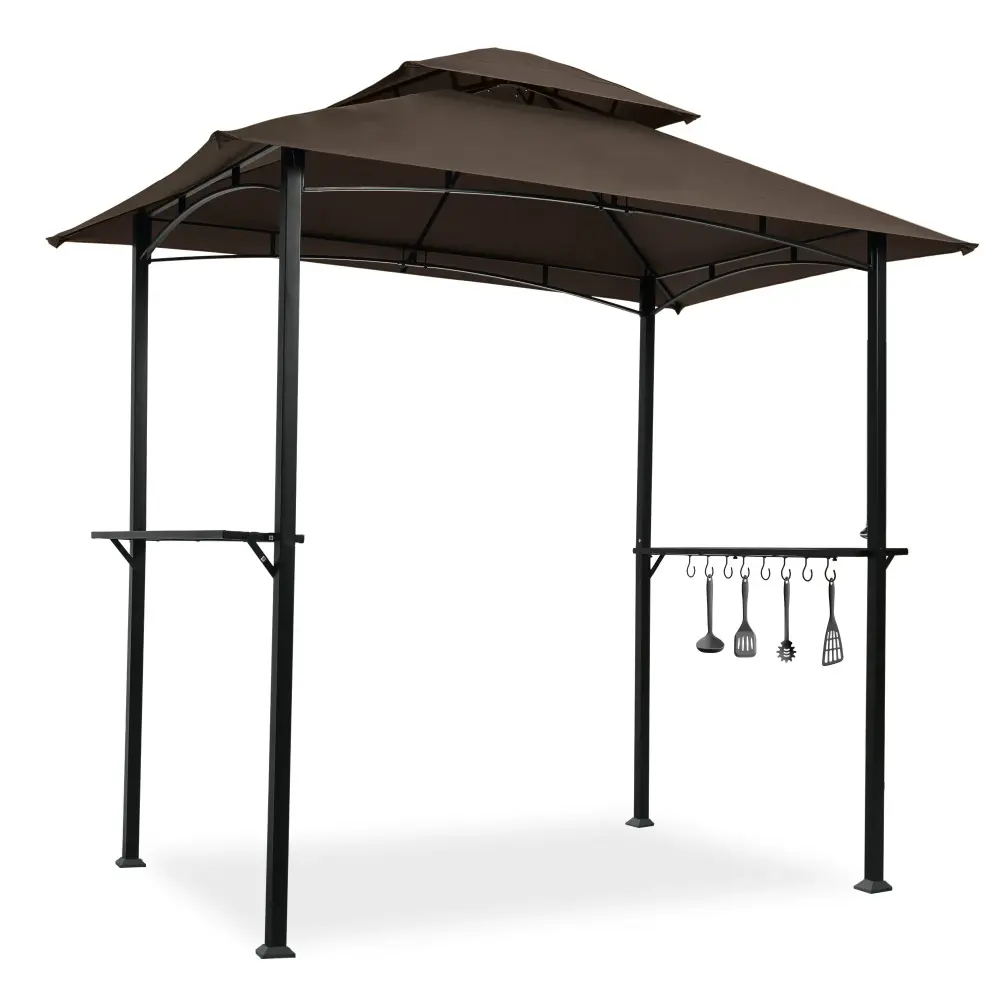 Outdoor Grill Gazebo Twin Tier Soft Top Canopy, Steel Frame, Bar Counters & Hook