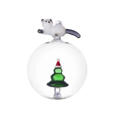 Weather-Resistant Metal Ichendorf Tabby Cat & Tree Glass Ball Ornament