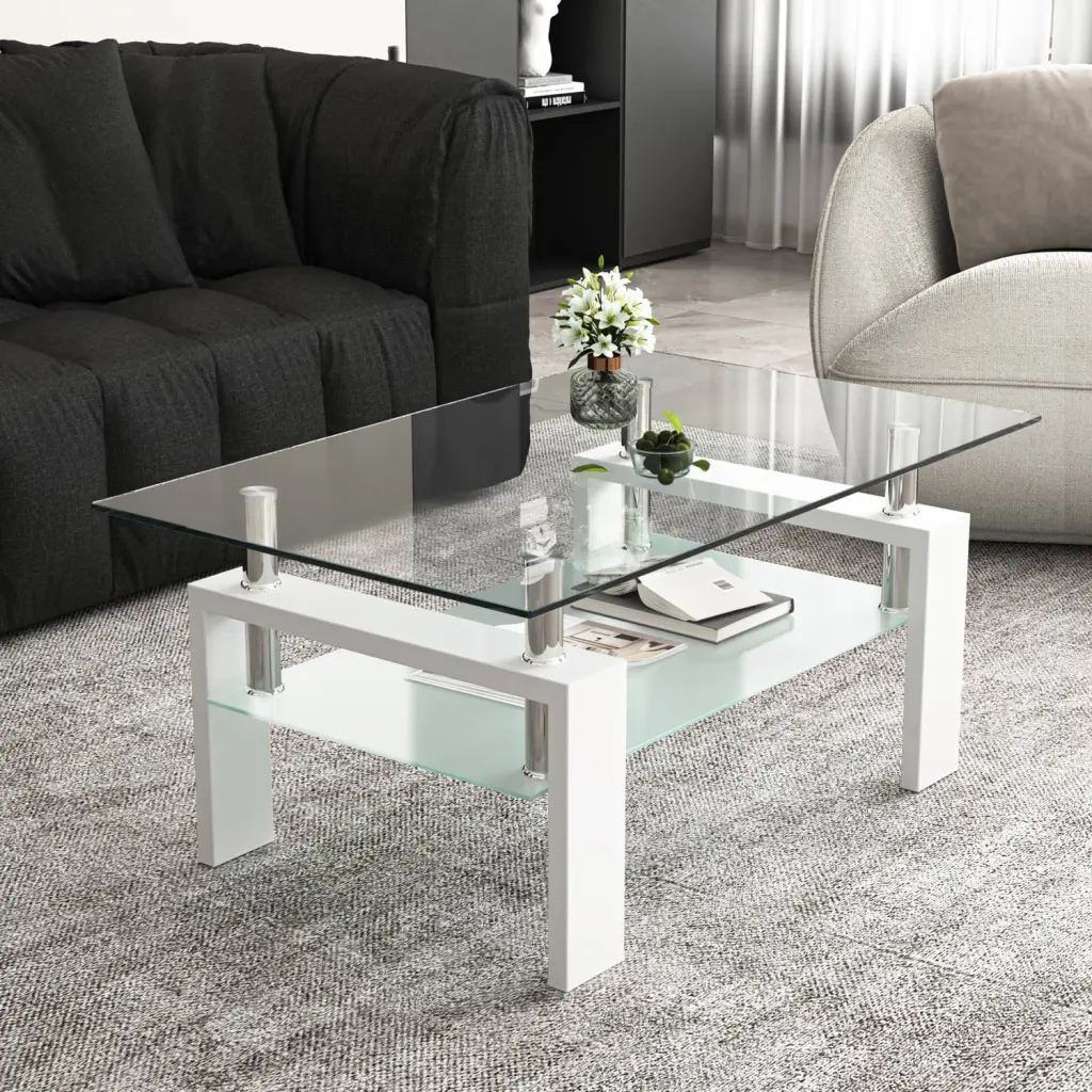 Canddidliike Clear Glass Coffee Table Rectangular Living Room Center Table Storage White