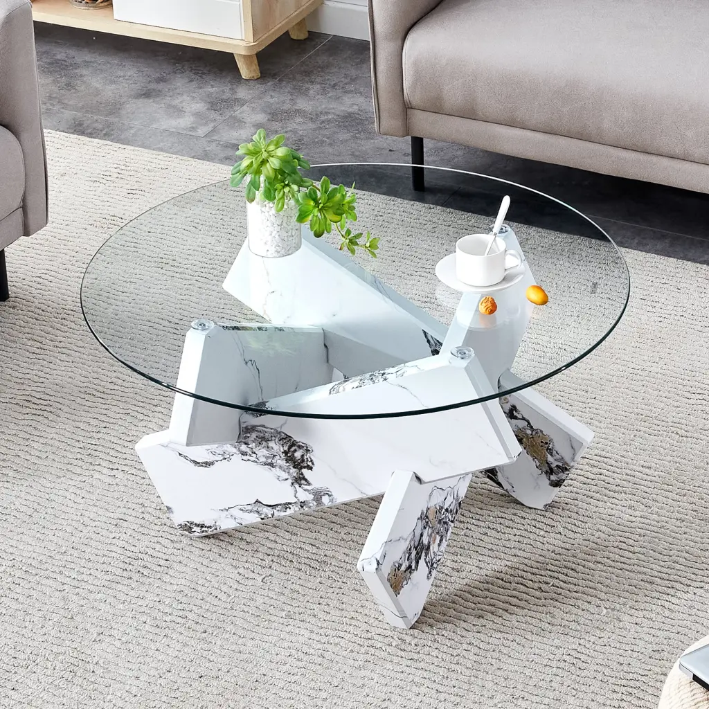Round Crystal Coffee Table 33.4 Inches Modern Design Unique Tempered Glass Top droom w-1151