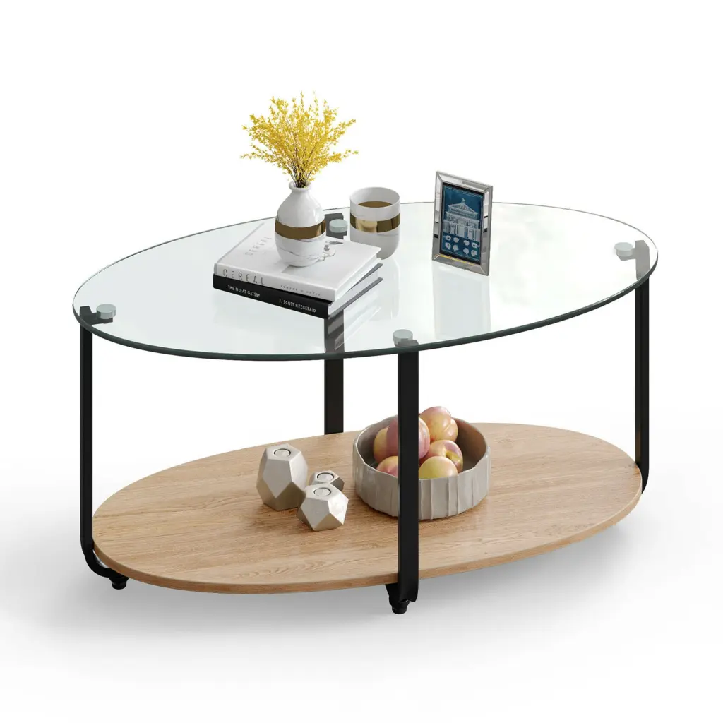 Gymax Modern Oval Glass-Top Coffee Table 2-Tier Storage Shelf Sofa Side Table