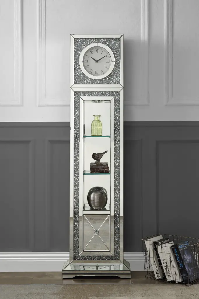 Noralie Grandfather Clock LED Mirrored Faux Diamonds Silver Finish acme onsite store