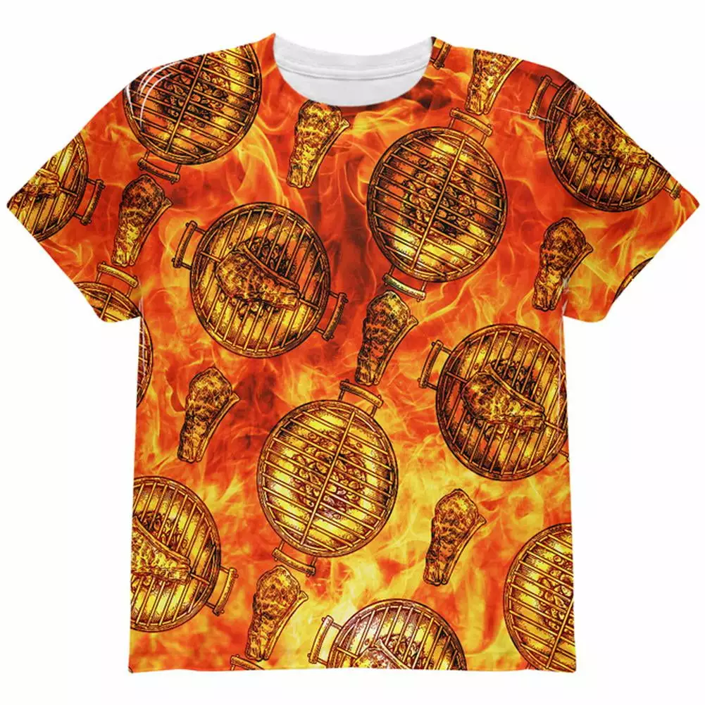 Flaming Hot Charcoal Grilled Steak Pattern Youth T Shirt Men and Women
