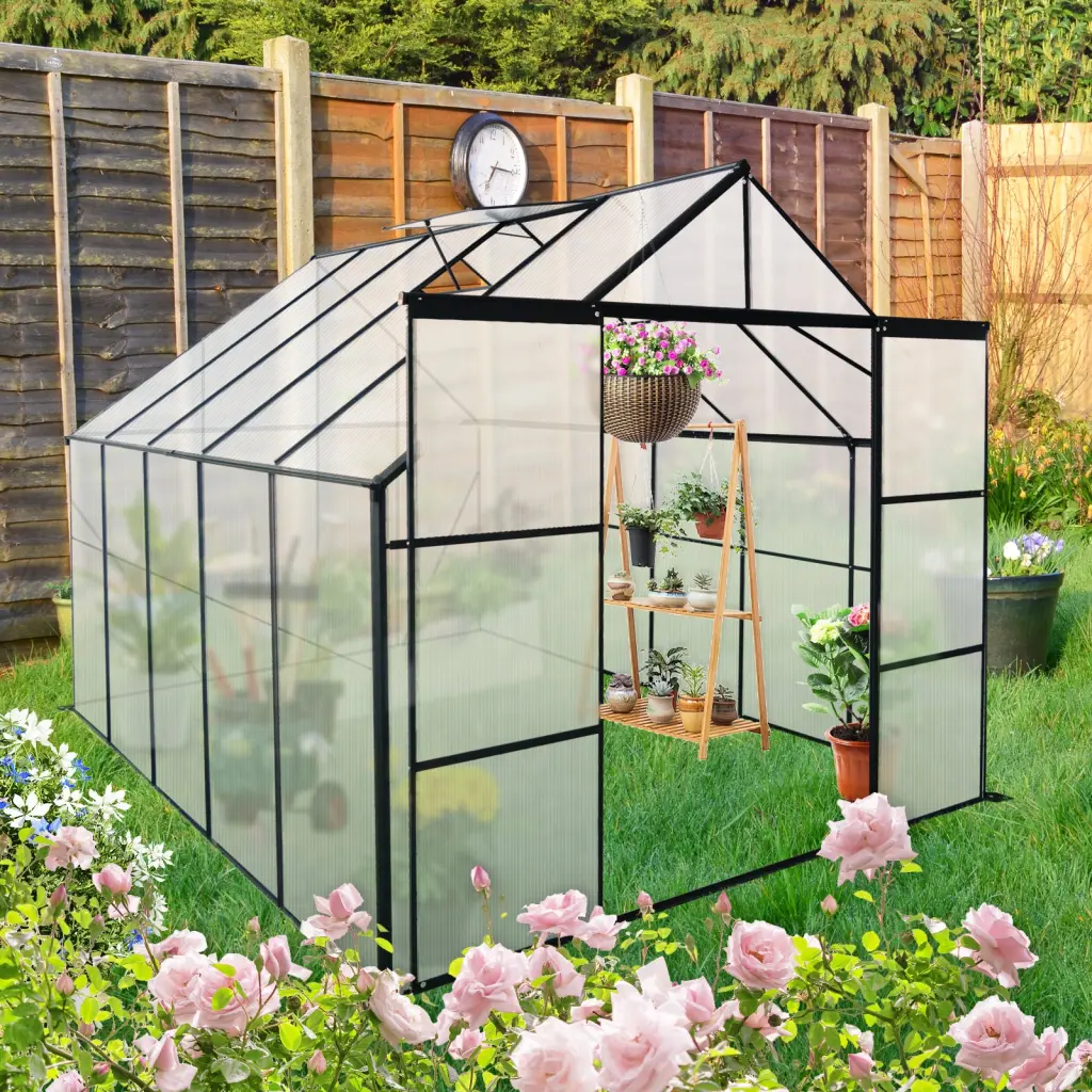 8x10Ft Double Door Polycarbonate Greenhouse Raised Base and Anchor Aluminum Frame w-540 wwc